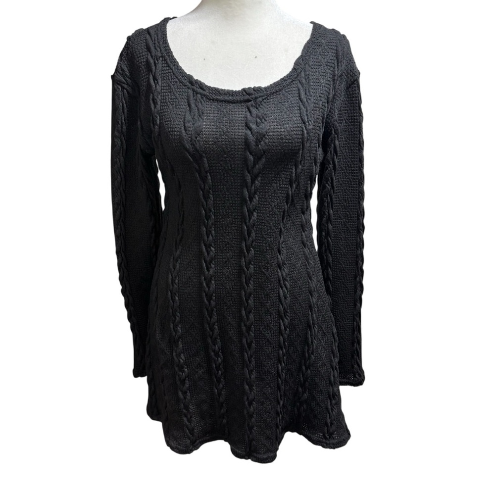 Fashion Black Cable Knit Long Sleeve Scoop Neck A-Line Sweater Dress‎ Large #771